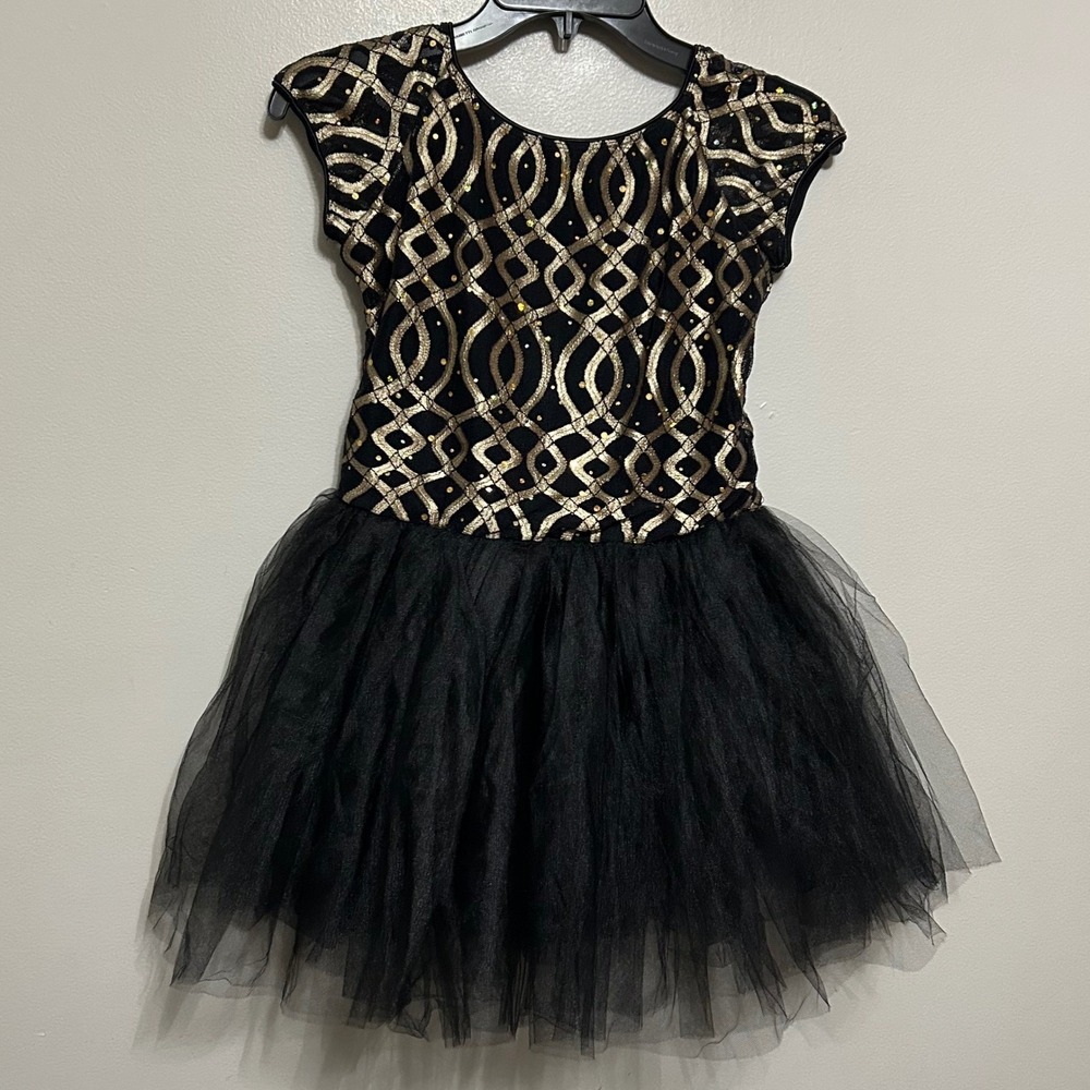 Revolution Dancewear Costume Girls XLC Black Gold Sequin Leotard Tutu Glam Twirl